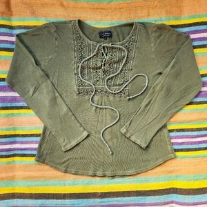 Y2K Lucky Brand Olive Green Lace Long Sleeve Thermal